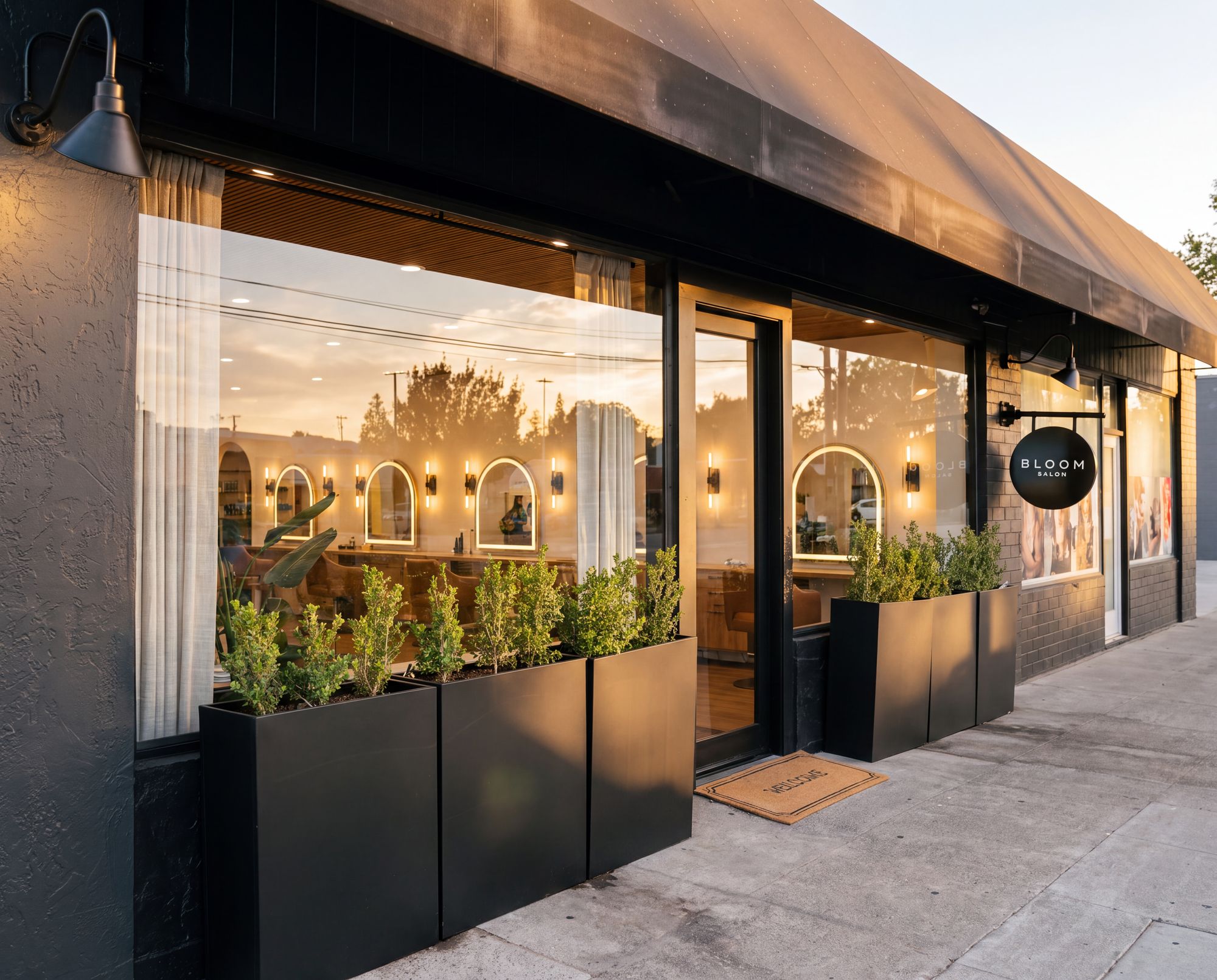 The charcoal facade of Bloom Salon on Jefferson Street